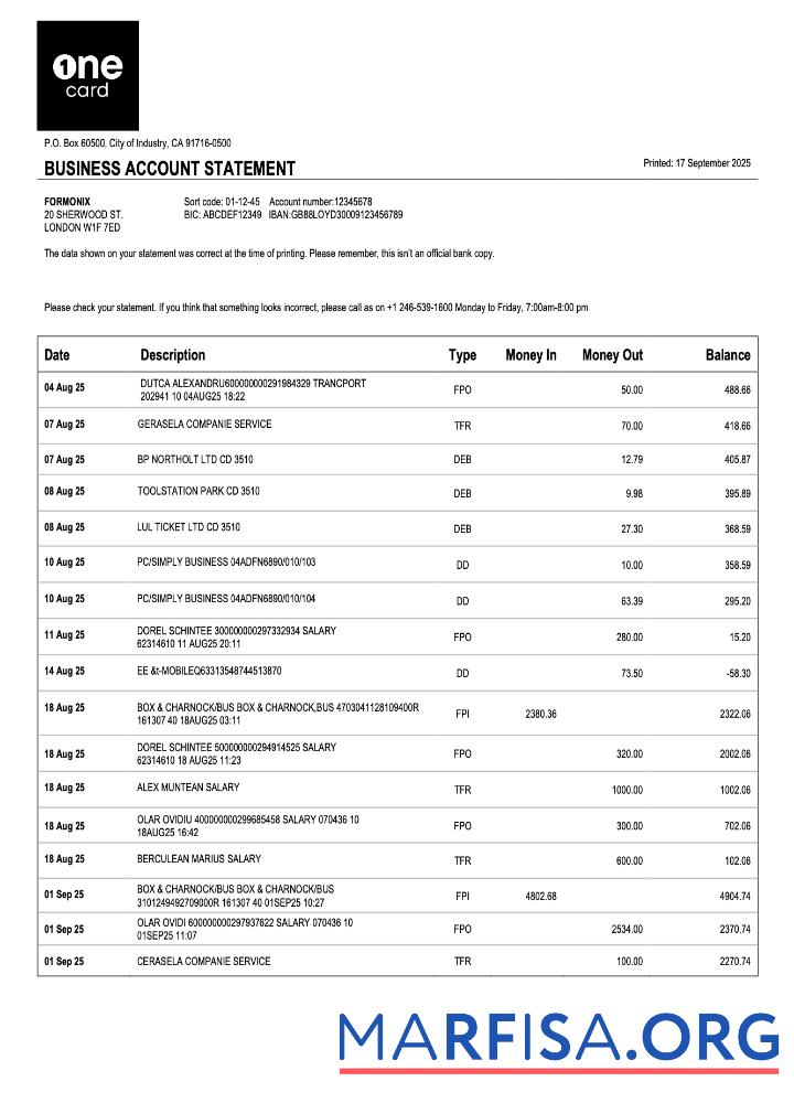 Printable USA 1One Card enterprise statement Word and PDF template